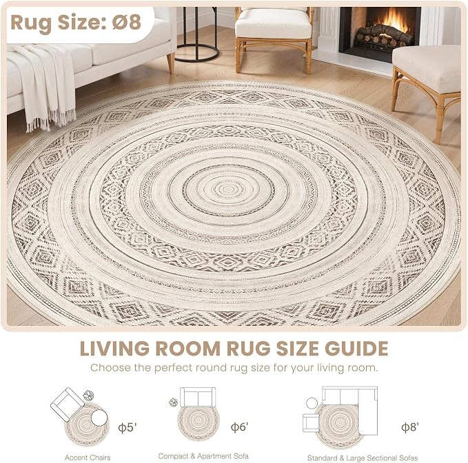 cotiled 8x8 Round Area Rugs Living Room Rug: Washable Boho Rugs with Non Slip Backing Large Soft Indoor Stain Resistant Carpet for Bedroom Farmhouse Dining Room Lightweight Home Decor Dark Brown
