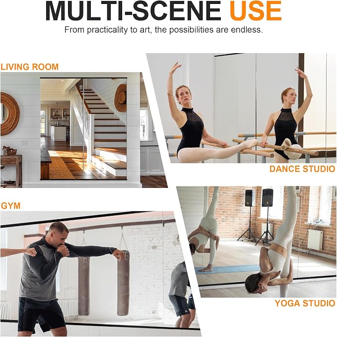 Delma Large Full Body Mirror for Yoga, Frameless Wall-Mounted Glass Panel (60"x25"-Black) 2PCS for Home, Garage, Bedroom & Bathroom