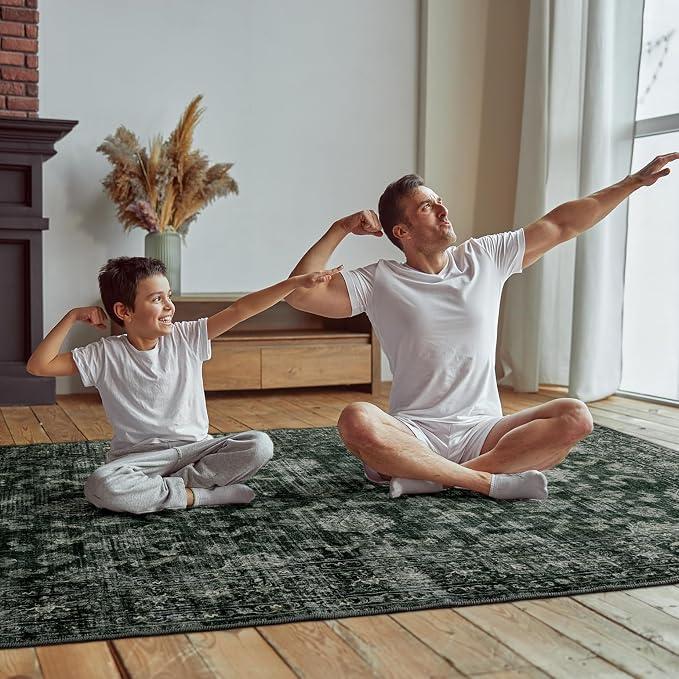 FROZZUR Boho Dark Green Area Rug 8x10 Large Vintage Rug for Living Room Bedroom Dining Table, Non Slip Distressed Washable Rugs for Home Office Decor Dark Green
