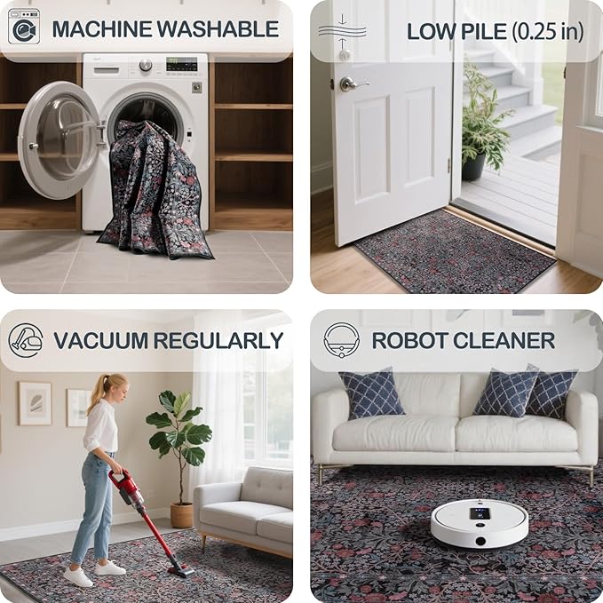 Washable 2'6" x 10' Runners for Hallways, Non Slip Long Floor Runner for Kitchen, Entryway Indoor, Stain Resistant Rubber Backing Floral Décor Rug (Dark Green)