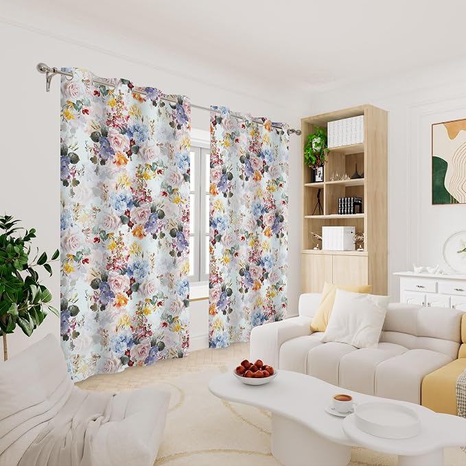 Renaiss Flower Blossom Curtains Watercolor Floral Painting Thermal Insulated Window Curtains for Living Room Bedroom Blackout Window Drapes Grommet Top 29W x 55L Inch 2 Panel Set