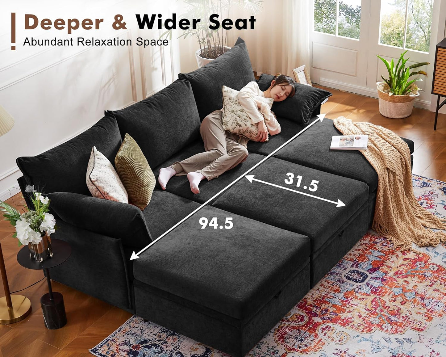 102.6" Luxury Modular Sleeper Sofa Bed 6 Seat Reversible Sectional Couch Deep Seat with Storage Chaises Removable Cover for Living Room, Apartment - Chenille Black