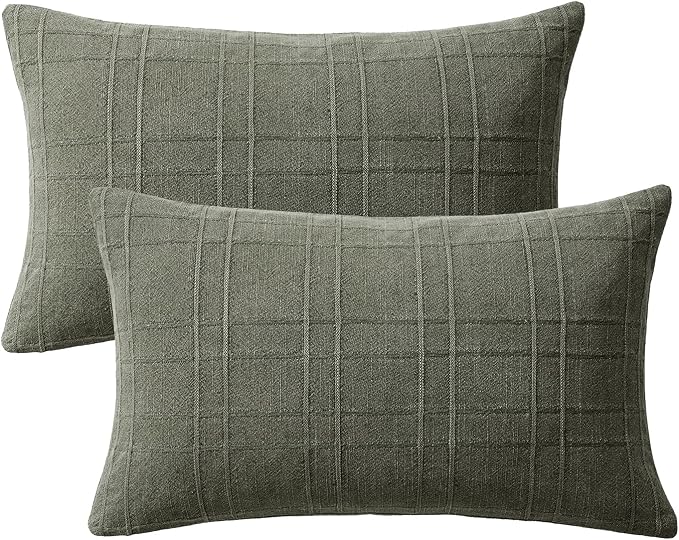 MIULEE Decorative Linen Check Lumar Throw Pillow Covers Neutral Farmhouse Vintage Spring Pillow Covers 12x20 Set of 2 Boho Modern Home Decor for Sofa Couch Bedroom Cushion Olive Green