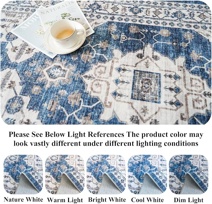 Washable 4x8 Hallway Runner Rug: Vintage 8ft Soft Runners for Entry Kitchen Wide Low Pile Carpet with Non-Slip Backing for Living Room Bedroom Thin Bathroom Carpet for Dining Room Foyer(4x8,Blue