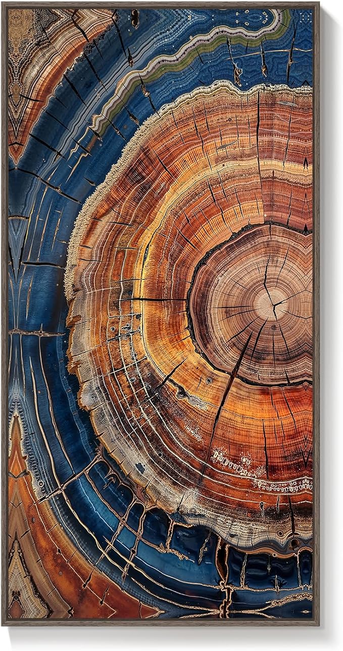 Framed Vertical Colorful Tree Ring Living Room Wall Art, Large Vintage Farmhouse Wood Stump Canvas Artwork for Walls, Rustic Nature Tree Ring Painting Print for Office Kitchen Foyer Stair Wall Decor, 20x40 Inch