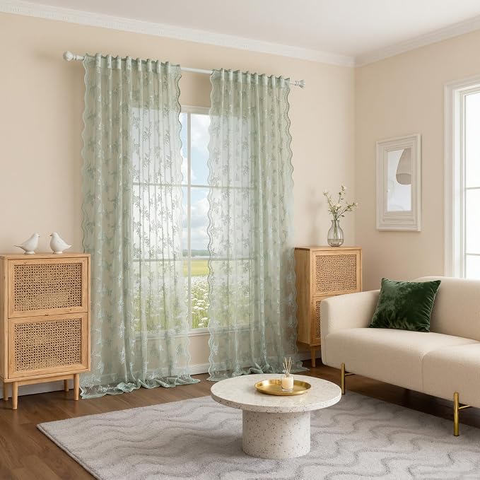 MEETSKY Lace Sheer Curtains 90 Inch Length Sage Green Vintage Victorian French Elegant Farmhouse Decor for Living Room Dining Room Rod Pocket Light Filtering Drapes, 50" W Each Panel, 2 Panels