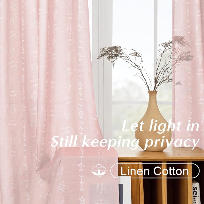 Lino Rosa Light Pink Cute Sheer Curtains for Girls Bedroom, Boho Baby Pink and White Nursery Curtains Girl, Pretty Pastel Floral Striped Pattern Linen Drapes for Girls Room, 2 Panels 84 Inches Long