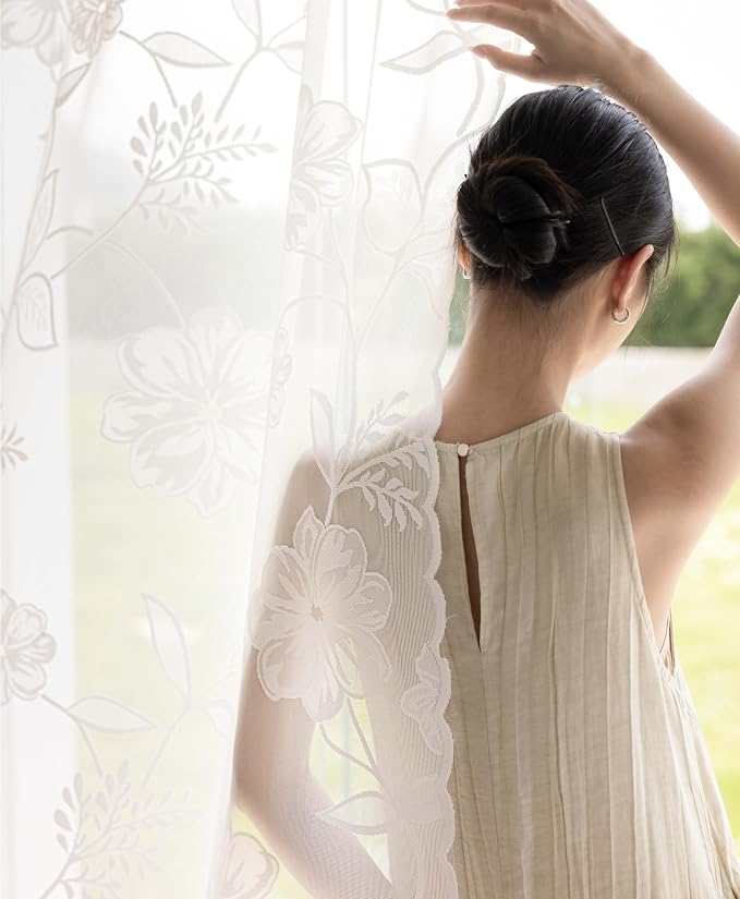White Lace Sheer Curtains 63inch Rose Knitted Net Curtains with Vintage Floral Embroidered for Living Room Bedroom Window Privacy Country Chic Retro Leaf Semi Sheer Drapes Rod Pocket 54"W 2Panels