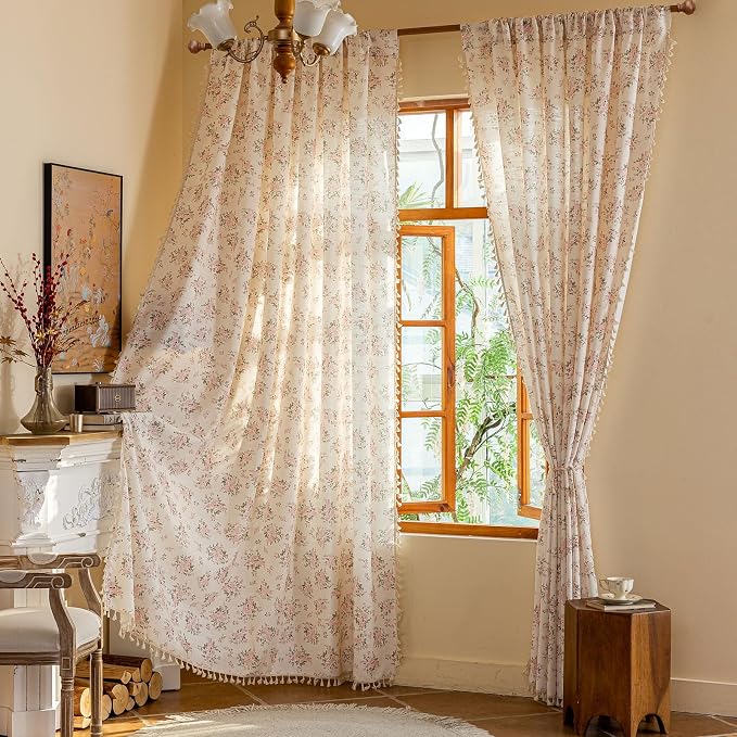 OYX Pink Boho Floral Curtains 63 Inch Long 2 Panels, French Vintage Farmhouse Patterned Decor Window Drapes with Tassels, Girls Semi-Sheer Light Filtering for Kitchen Bathroom (Rod Pocket, 52Wx63L)