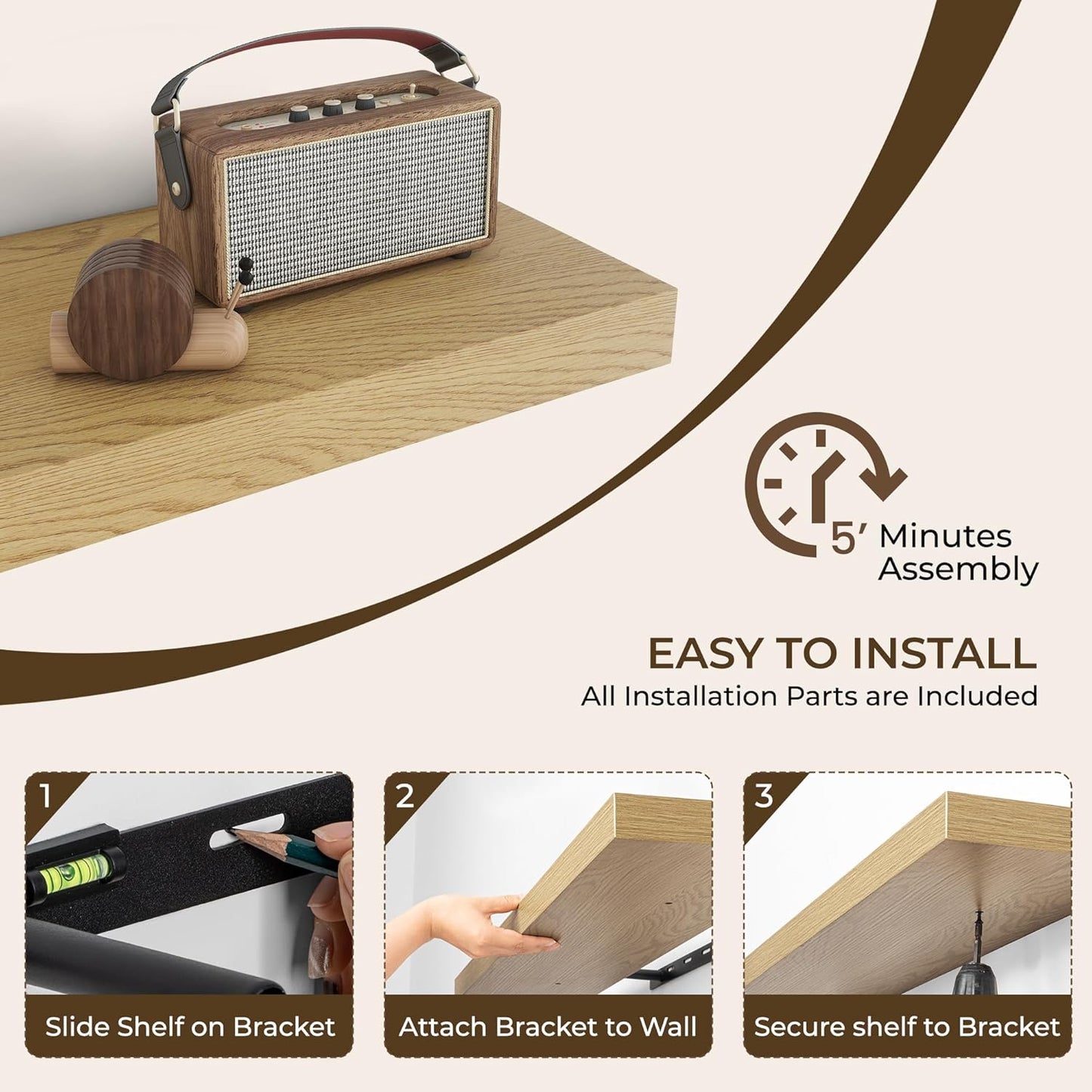 RICHFOCUS 72Inch Floating Shelves for Wall 1 Pack Shelves for Bedroom|Kitchen|Bathroom Wall Mounted Rustic Wood Floating Shelf with Invisible Brackets for Books|Storage|Decor, Oak