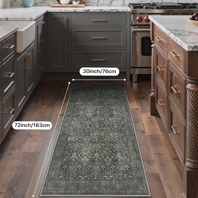 Bavni 2'6''x6 Rug Runners for Hallways, Washable Runner Rug Non Slip, Vintage Floral Print Style Rugs for Bedroom-Lightweight Low Pile Carpet for Hallways Bathroom, Dark Green