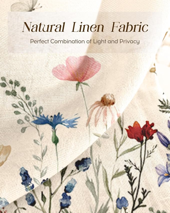 Miss Adola Floral Kitchen Tier Curtains - 36 Inch Length Linen Blend Farmhouse Cafe Curtains Vintage Small Window Treatments Over Sink Rod Pocket for Bathroom Living Room Light Filtering, 2 Panels