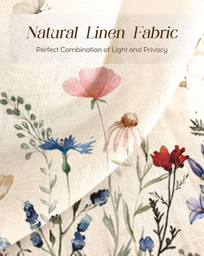 Miss Adola Floral Kitchen Tier Curtains - 24 Inch Length Linen Blend Farmhouse Cafe Curtains Vintage Small Window Treatments Over Sink Rod Pocket for Bathroom Living Room Light Filtering, 2 Panels