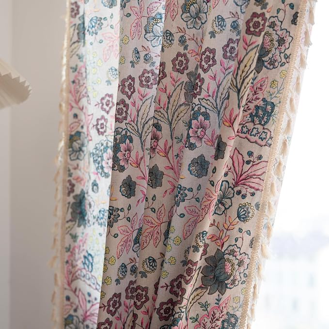 OYX Floral Curtains 84 Inch Length 2 Panels for Living Room, Bedroom Light Filtering Drapes, Farmhouse Vintage Country French Rustic Tassels Pattern Rod Pocket Aesthetic Decor Window Treatments