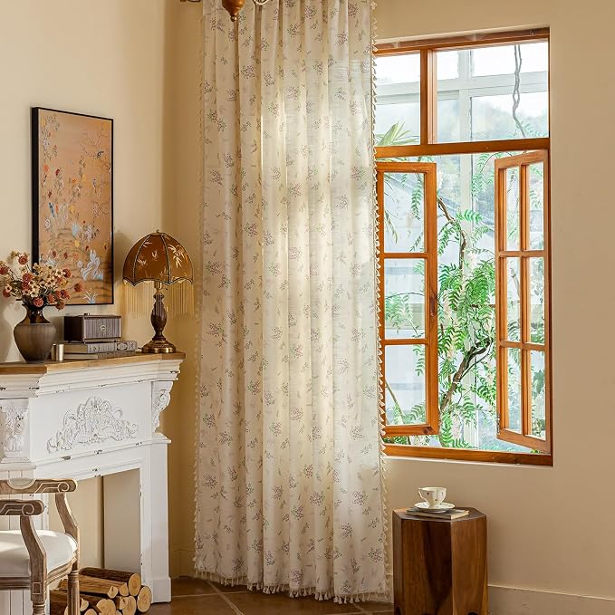 OYX Boho Lavender Floral Curtains 63 Inch, Farmhouse Purple Flower Drapes with Tassels, Linen Textured Light Filtering Semi Sheer Curtains for Living Room Bedroom, 2 Panels, Rod Pocket, 52Wx63L