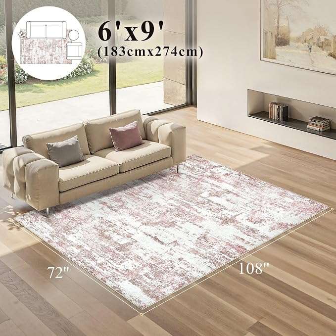 Area Rugs 6x9 Living Room: Washable Large Abstract Modern Neutral Soft Rug Stain Resistant Non-Slip Backing Carpet for Bedroom Dining Room Indoor Nursery Dorm Home Office Decor - Pink