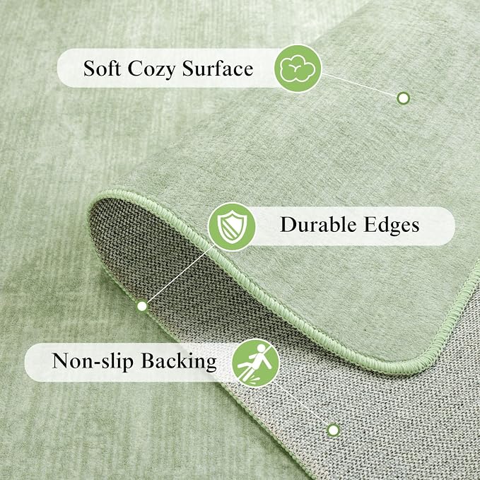 6x9 Washable Area Rug, Green Solid Area Rugs for Living Room & Bedroom | Stain-resistant & Non-slip backing,Low Pile Washable Large Carpet, Solid Vintage Style For High Traffic Areas(6x9,Green)