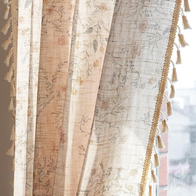 OYX Boho Floral Curtains 96 Inch, Farmhouse Wildflower Drapes with Tassels, Linen Textured Light Filtering Semi Sheer Curtains for Living Room Bedroom, 2 Panels, Rod Pocket, 52Wx96L