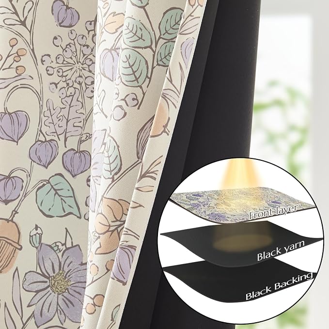 Vangao Purple Nursery Curtains for Girls Room Floral Blackout Curtains 63 Inch Length Farmhouse Drapes for Bedroom Room Darkening Flower Patterned Window Treatment for Kids Set of 2