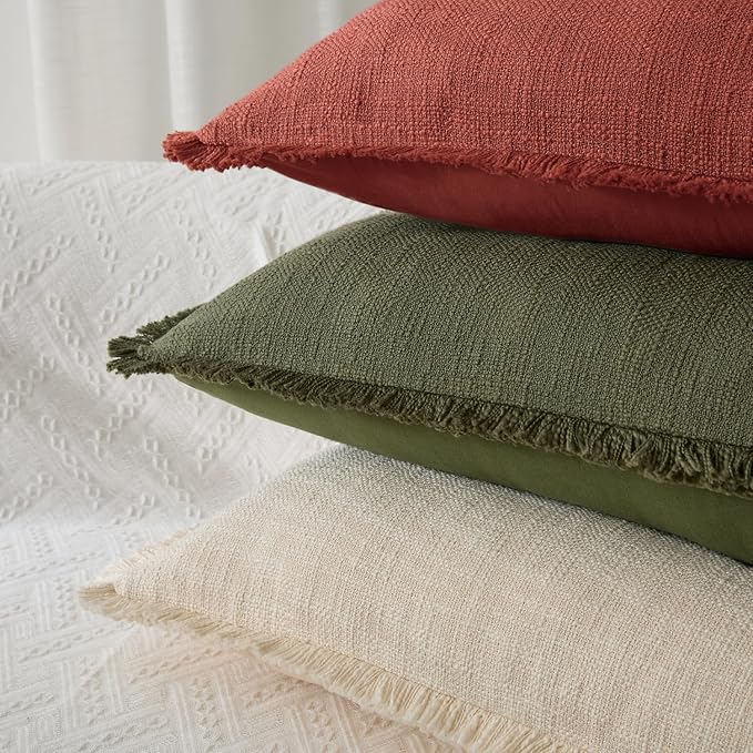 Kevin Textile 14x24 Inch Long Lumbar Pillow Cover 1 Pack Boho Fringe Decorative Rectangle Cushion Case with Tassels Neutral Cotton Woven Textured Farmhouse for Living Room Couch Sofa Bed, Burnt Brick