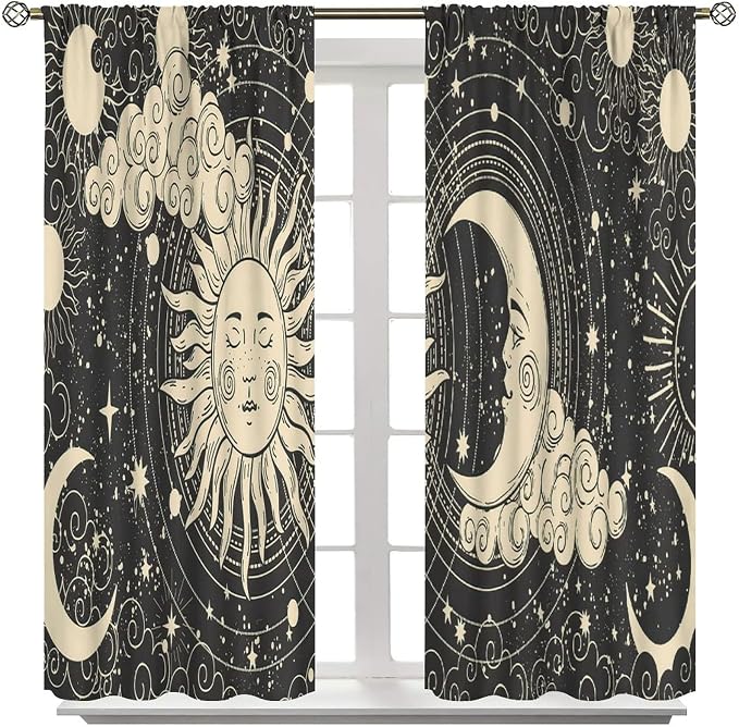 Bohemian Sun Moon Blackout Windows Curtains, Golden Sun Crescent Moon and Stars Vintage Cosmic Galaxy Printed Curtains, for Living Room Bedroom 63x72in 2 Panels