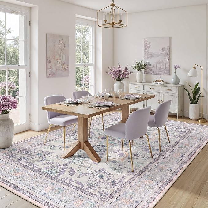 DCX Area Rug 4x6 Botanical Floral Washable Rugs in Purple and Beige Soft Non Slip Low Pile Stain Resistant Carpet for High-Traffic Areas Bedroom Kitchen Entryway