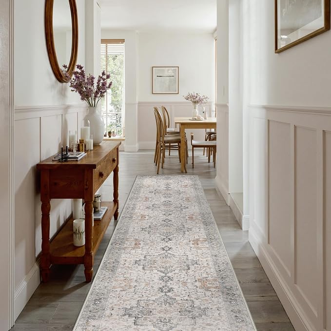 GENIMO Runner Rug 3x8, Non Slip Vintage Hallway Runner Rugs, Low Pile Lightweight Machine Washable Mat for Hallway, Entryway, Bedroom, Kitchen and Corridor, Light Taupe Brown