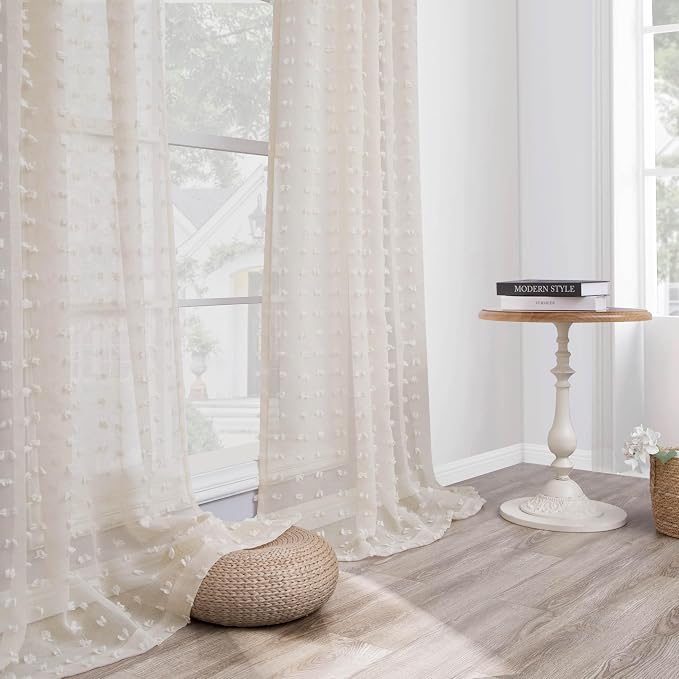 DANCURTON Beige Sheer Curtains 108 Inch Length for Bedroom Living Room Natural Farmhouse Boho Semi Sheer Curtain Light Beige Back Tab Pom Pom Sheer Curtains for Nursery Kids 52 by 108 Inches Long