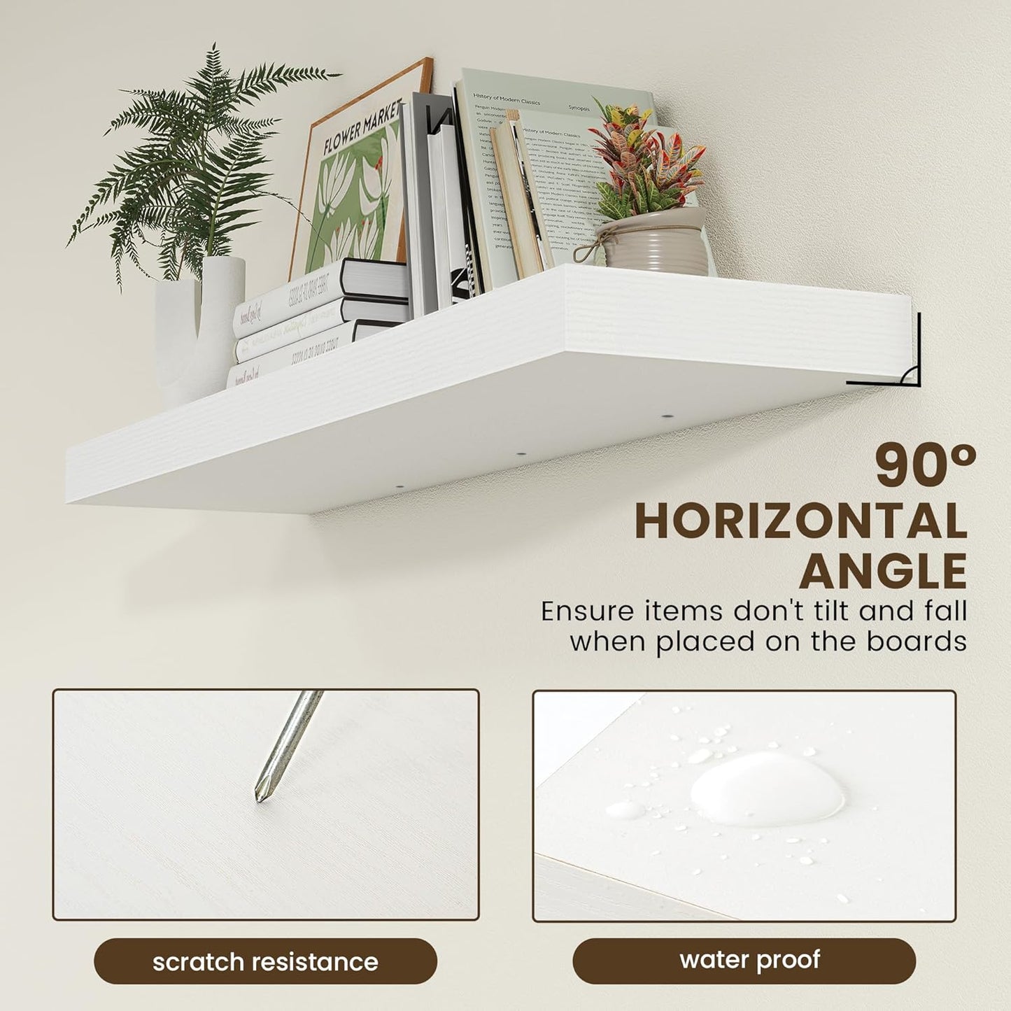 White Floating Shelves for Wall - 48 Inch Wide x 12 Inch Deep Wall Shelves Set of 1 - Rustic Wood Shelves for Living Room, Bathroom, Laundry Room, Bedroom, Kitchen, Home Office