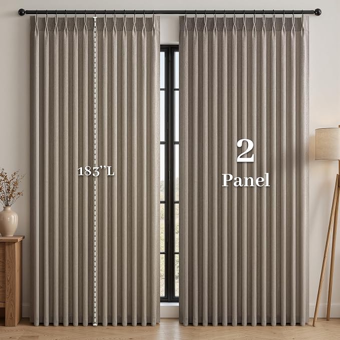 Pinch Pleated Curtains 90 Inches Long 2 Panels Set,Burlywood Semi Sheer Cotton Blend Fabric Aesthetic Advanced Curtain Drapes for Living Room Bedroom,72x90 inch Length