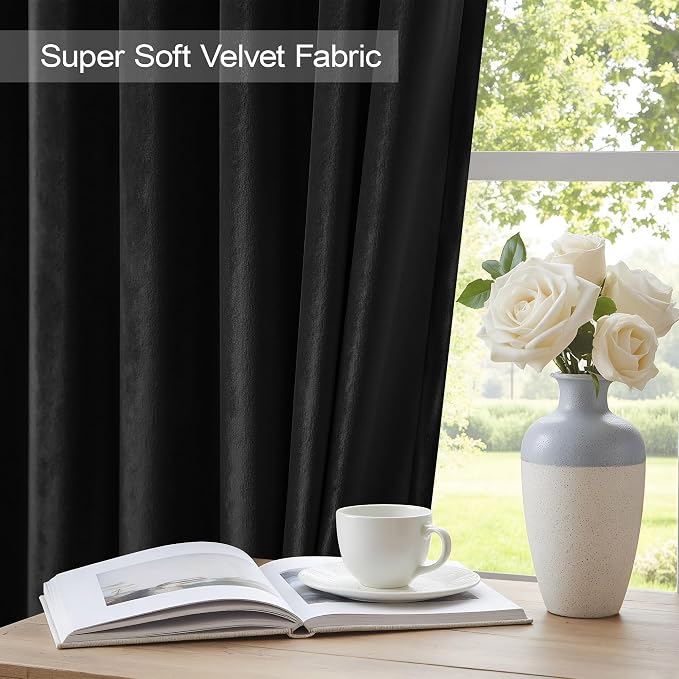 Black Out Velvet Room Darkening Curtains 63 Inch Length for Living Dining 2 Panels Heavy Privacy Energy Smart Insulating Summer Heat Winter Curtain for Kitchen Door Doorway Master Bedroom Guest Office