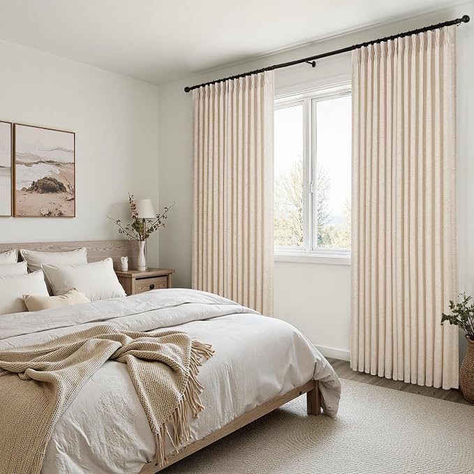 Topfinel Pinch Pleated Curtains 90 Inches Long 2 Panels Set,Sand Beige Semi Sheer Cotton Blend Fabric Aesthetic Advanced Curtain Drapes for Living Room Bedroom,40x90 inch Length