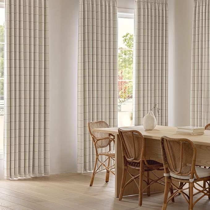 THREE GIRLS Linen Plaid Blackout Curtains for Living Room,Bedroom,Dining Room 95 Inches Long Gingham Double Layer 2 Panels Set Luxury and Modern Printed Design Darkening Pinch Pleated
