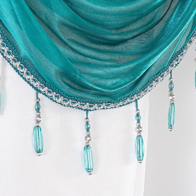 Petrichor Embroidered Sheer Curtain 2 Panels Set - Luxury Window Curtain Attached Valance with Satin Backing and 2 Tie Backs for Living Room,Dining Room, 54x95 inches, Turquoise
