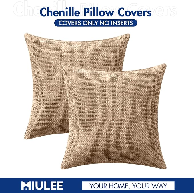 MIULEE Pack of 2 Couch Throw Pillow Covers 18x18 Inch Khaki Camel Modern Boho Accent Decorative Pillow Covers Soft Chenille Farmhouse Cushion Covers for Home Decor Bed Sofa Living Room
