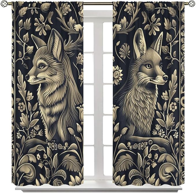 Vintage William Morris Blackout Curtains, Rustic Forest Abstract Country Fox Flower Window Drapes, for Bedroom Living Room 55" W X 63" L