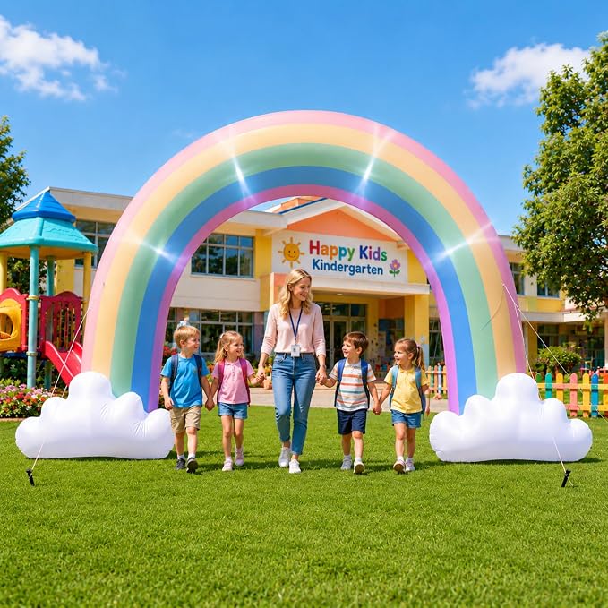 Jenaai 8ft Pastel Inflatable Rainbow Arch Blow up Yard Decorations with Built-in LED for Outdoor Baby Shower Wedding Birthday Pride Party Holiday, Giant Rainbow Archway Decor for Garden Lawn