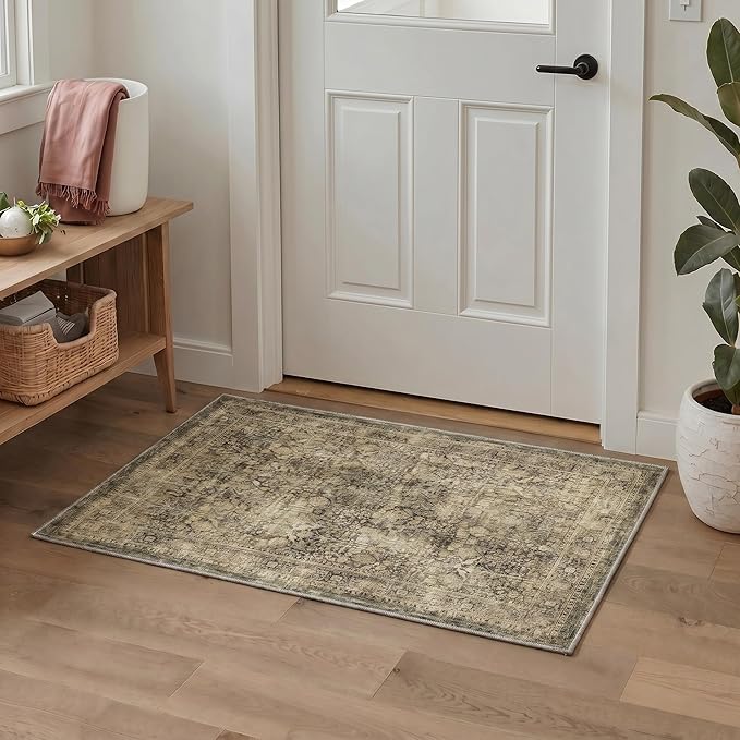 Bavni Washable Rugs 9x12 Machine Washable Rug Lightweight Low Pile, Vintage Floral Rug Non-Shedding Distressed Throw Carpet for Living Room Bedroom Office, Multi Brown