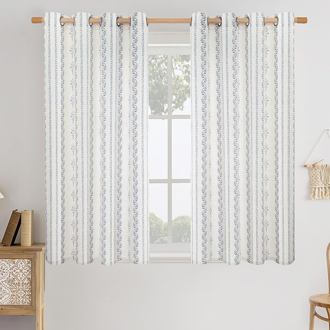 BGment Short Navy Blue Vintage Floral French Country Curtains 54 Inch Length Boho Print Light Filtering Window Curtains & Drapes for Farmhouse Rustic, Each 52 Inch Wide, 2 Panels Set