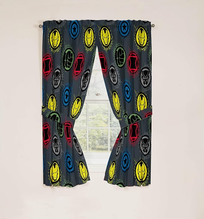 Jay Franco Window Curtains for Kids Bedroom 4-Piece Drape Set with 2 Tiebacks, Grey - Marvel Comics, 42" W x 63" L (Pack of 2)