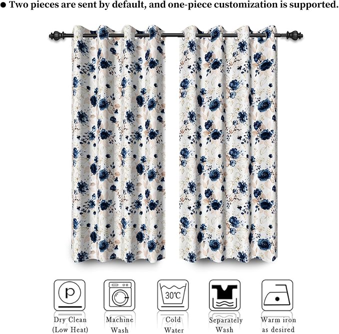 Renaiss Blue and White Floral Blackout Curtains Gold Line Rose Flowers Thermal Insulated Window Drapes for Bedroom 29W x 45L inches 2 Panel Set Window Curtain Panels for Kitchen