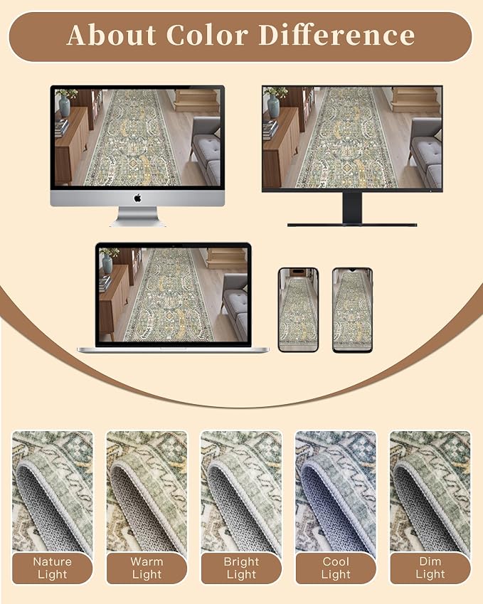 Madane Washable Runner Rugs 2x12 Long for Hallway Kitchen Soft, Green/Gold | Non-Slip Vintage Printed 12ft Rug Runners with Rubber Backing, Low-Pile Floor Carpet Laundry Room Entryway, Corridor