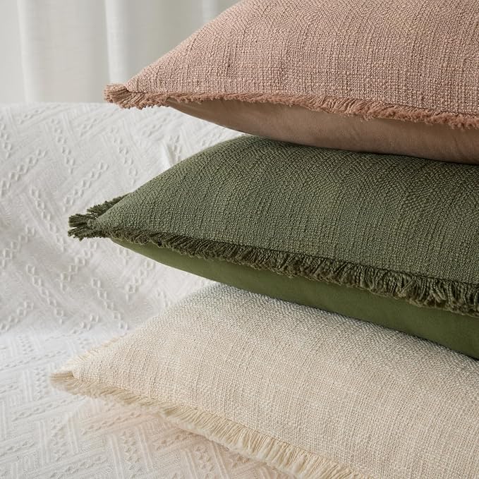 Kevin Textile 14x36 Inch Long Lumbar Pillow Cover 1 Pack Boho Fringe Decorative Rectangle Cushion Case with Tassels Neutral Cotton Woven Textured Farmhouse for Living Room Couch Sofa Bed, Olive Green