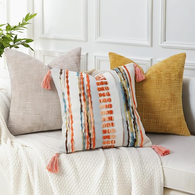 NUYECY Boho Throw Pillow Covers 18x18 Aesthetic Neutral Boucle Couch Pillow Cover Rainbow Striped Decorative Accent Pillow Case for Couch Bed Sofa Farmhouse Bedroom,Modern Funky,Set of 2 Red