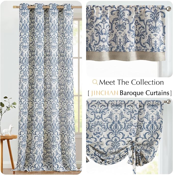 jinchan Linen Valance Curtain for Kitchen Vintage Damask Floral Blackout Valance Double Layer Small Window Curtain for Living Room Bedroom Bathroom 18 Inch Rod Pocket 1 Panel Dark Blue on Beige