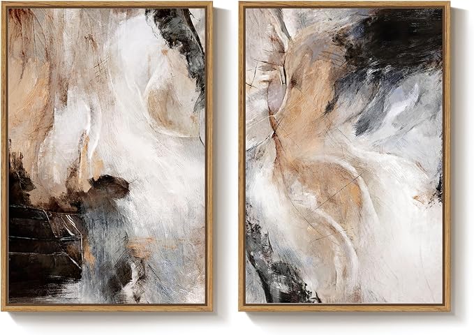 Large Framed Neutral Abstract Wall Art for Living Room, Set of 2 Brown Gray Black Modern Canvas Artwork for Walls, Luxury Watercolor Contemporary Painting Prints Wall Decor Hallway Office, 24x36 Inch