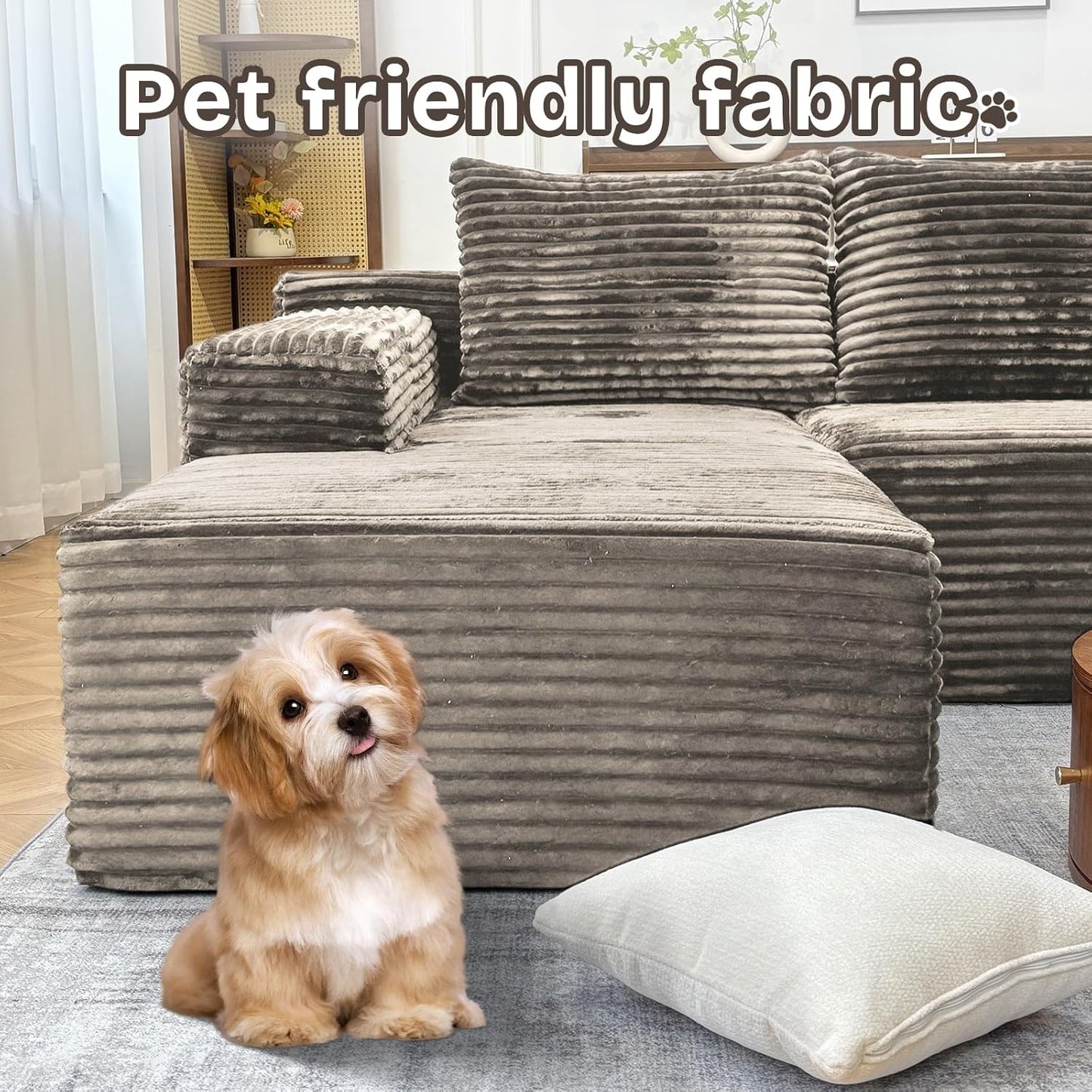 104" Modern Modular L-Shape Sofa Couch with Chaise Light Coffee Faux Rabbit Fur Cloud Sectional Couch with Deep Seat Modular Sectional Sofa No Assembly Required Upholstered Couches for Living Room