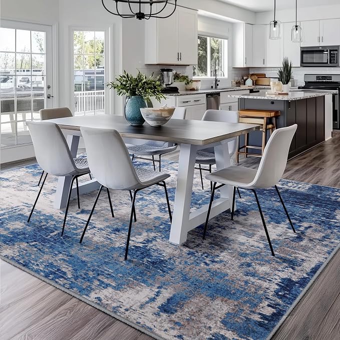 RELEANY Washable Area Rugs Square 7ft Non-Slip Modern Abstract Soft for Living Room Entryway Bedroom Kitchen, Print Pattern, Blue Grey Navy Gray