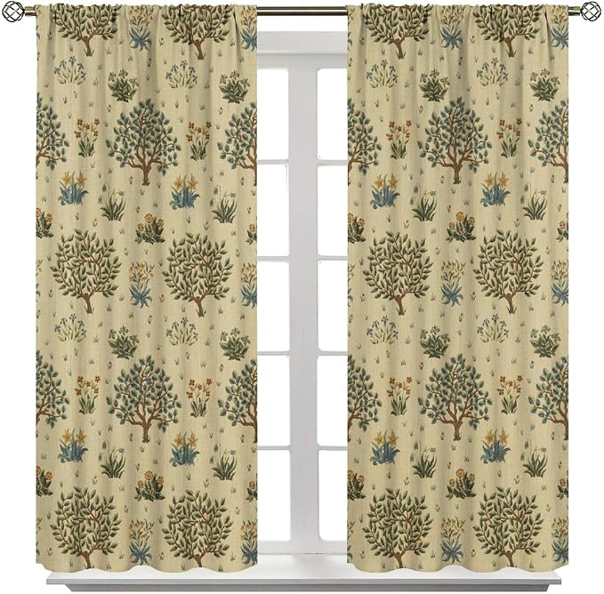 Rustic William Morris Curtains, Watercolor Vintage Flower Tree Plant Art Style Blackout Window Treatments Drapes, for Living Room Bedroom Kitchen 21(W)*63(L) 2 Panels