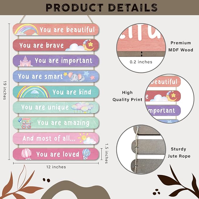 MONALET Pastel Boho Inspirational Wall Decor for Girls Kids Room Nursery Office Playroom Classroom, Positive Affirmations Hanging Wooden Signs, You Are Loved Wall Art Wood Plaque 9Pcs 12x19